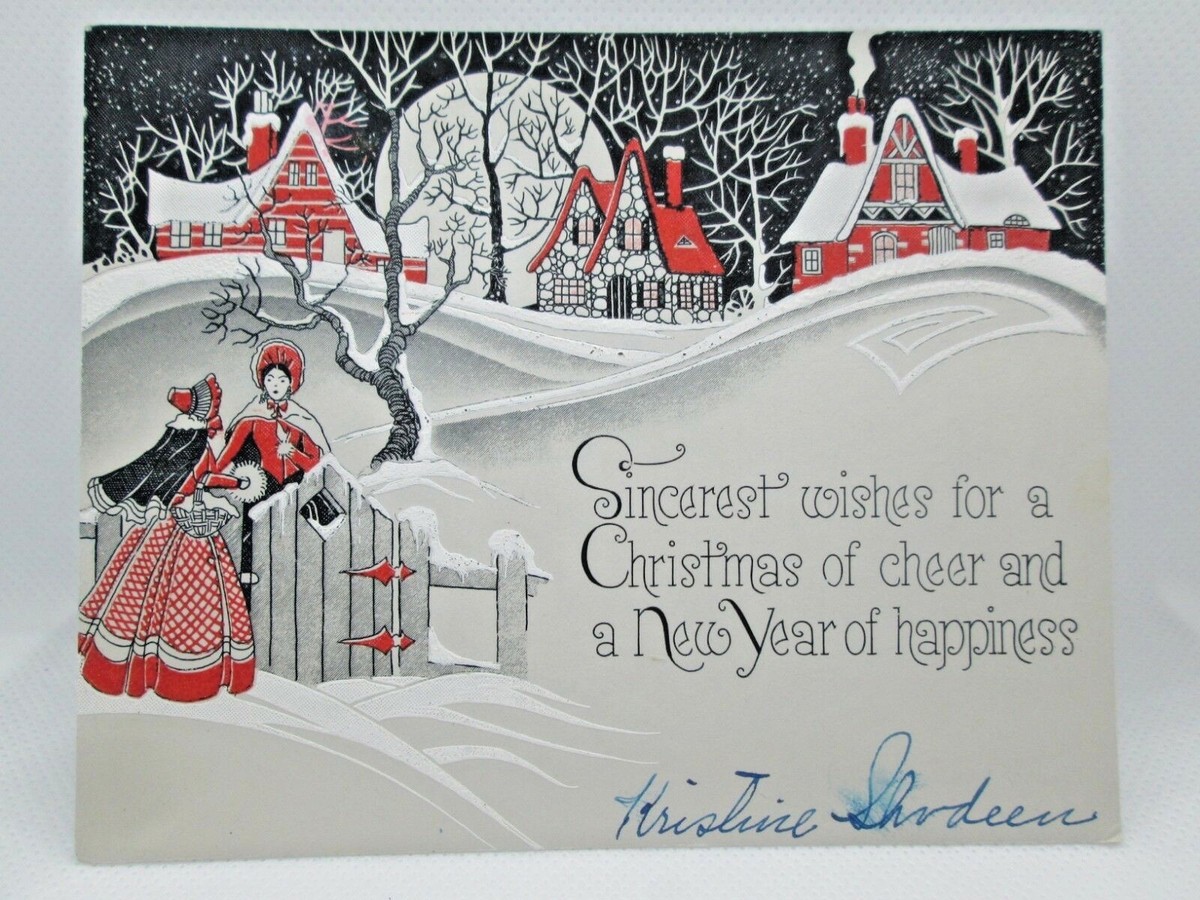Vintage Christmas Greeting Card Sincerest Wishes Art Deco