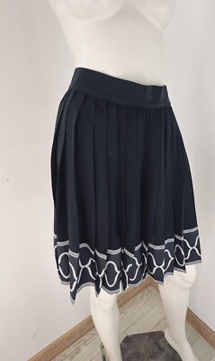 Gianni Versace Vintage Black Silk Skirt Pleated Border White Print 1990s IT 40-S