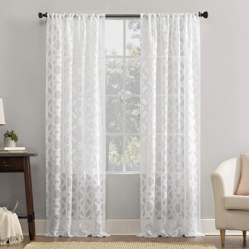 No. 918 Yvette Trellis Jacquard Sheer Rod Pocket Curtain Panel, 52" x 63", White