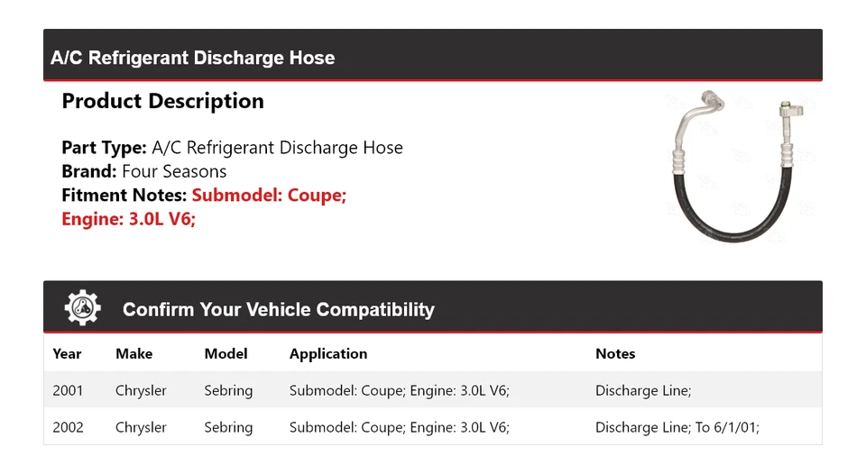 Manguera de descarga de refrigerante aire acondicionado Chrysler Sebring 2001-2002 4 estaciones Foto 2 de 4