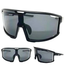 OVERSIZED SPORTS WRAP AROUND Biker Cycling Shield SUN GLASSES Large Black Frame