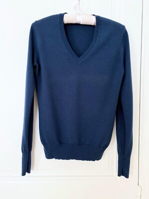 Uniqlo Damen Pullover 100% Schurwolle Navy Blau Größe XS V-Ausschnitt Langarm