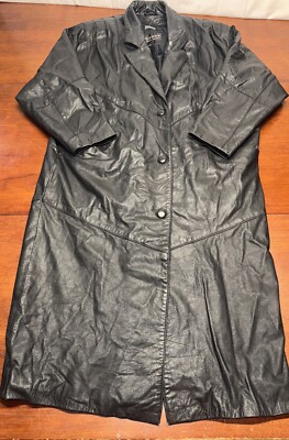 Leather Trench Coat Vtg Black Sz Medium Thinsulate Lined Padded Shoulder