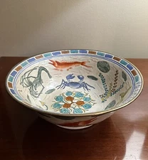 Vtg Asian Pottery Bowl Crab Ocean Fish Large Centerpiece Hand Painted Chinese