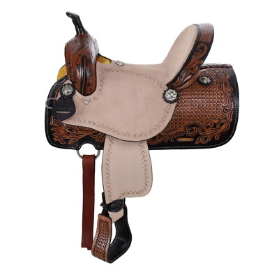 Regal Bloom Youth Barrel Saddle Waffle & Floral Tooling Full QH Bars 13'' NEW