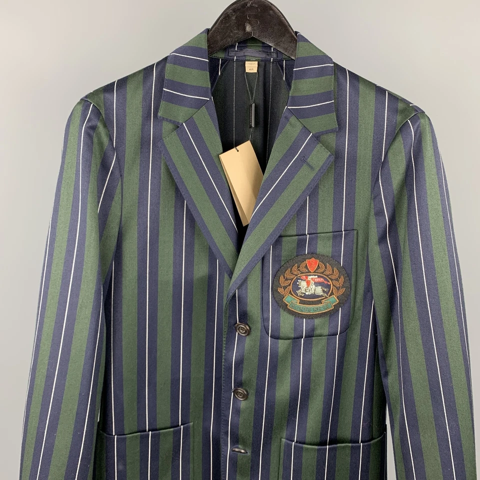Burburry Taille US 36 / IT 46 Vert Et Marine Rayé Laine / Coton Veste À Revers - Photo 2/4
