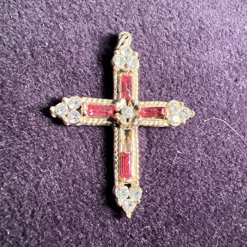 Rhinestone Religious Cross Pendant Pink Clear - Picture 2 of 7