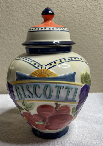 Beautiful Large Biscotti Jar *Made in China *Fruit Design * Cobalt Blue Accent - Picture 1 of 10