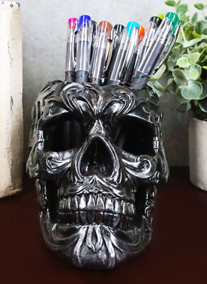 Ebros Gift Tribal Tattoo Floral Skull Pen Holder Figurine 5.75''L Office Decor