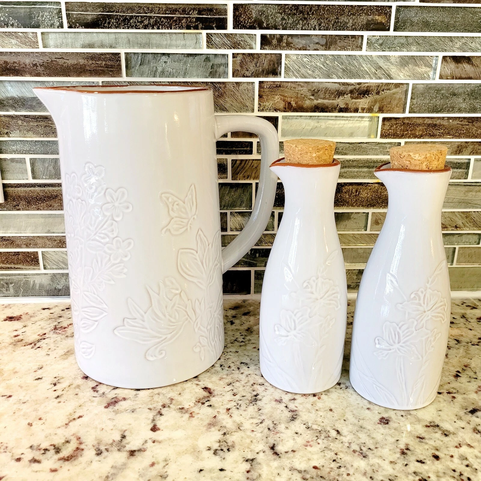 3 Pc Pier 1 White Terracotta Pitcher Oil & Vinegar Set Cruets Corks