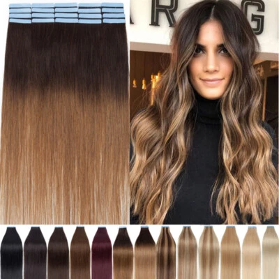 Echthaar Remy Indisches Tape In Haar Extensions Haarverlängerung 45CM-60CM Braun