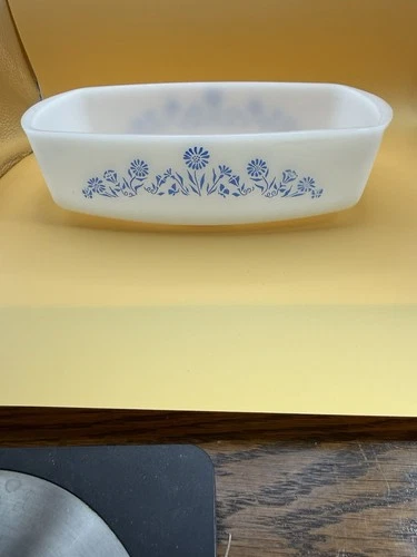 Vintage 1960's Federal Glass Co Milk Glass Blue Rose Casserole/Loaf Dish USA