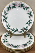 4 Mikasa Ribbon Holly Bone China Dinner Plates 10 Inch Pink Bow