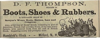 D.F. THOMPSON Boots Shoes Rubbers Milford, N.H. Antique 1874 Print Ad