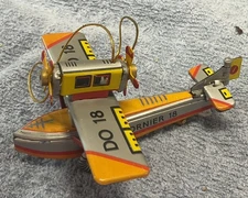 Vintage Germany Tin Litho Yellow Airplane Ornament Dornier 18 Bi-Plane Christmas