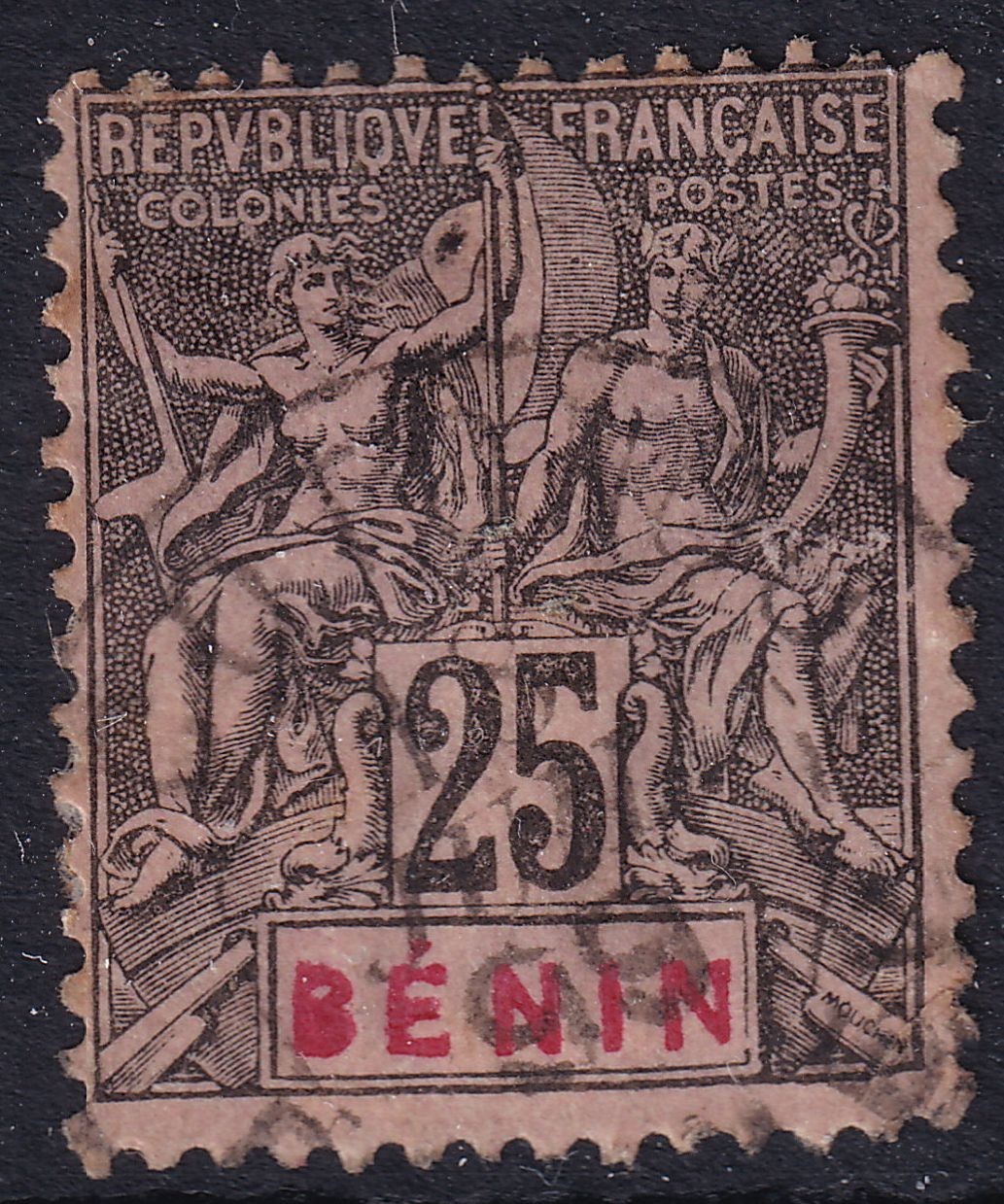 BÉNIN 1894 25 C. Allegory Stamped Cab Piece, Variety: Bold “B” in “BÉNIN”