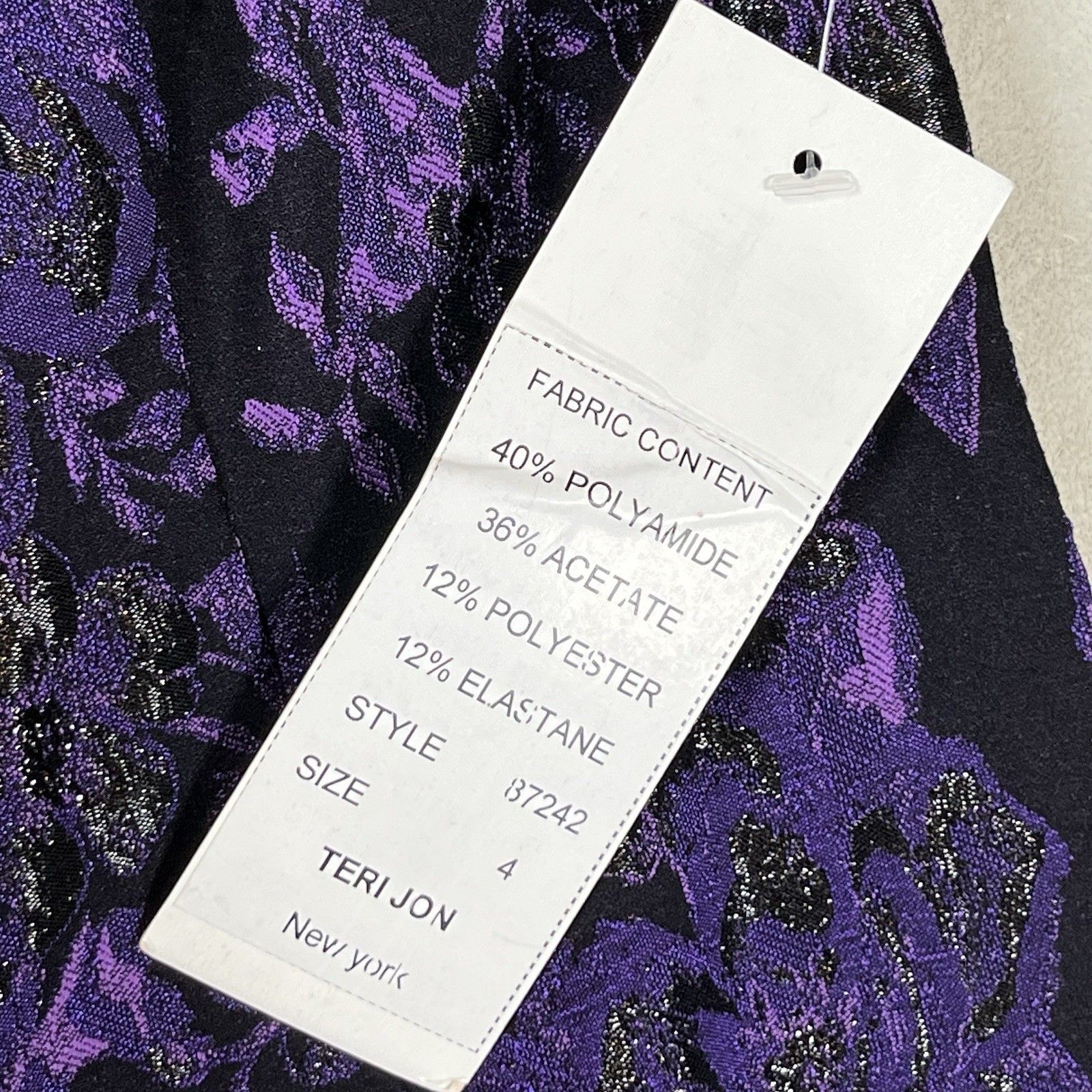 New Teri Jon by Rickie Freeman Purple Floral Off Shoulder Dress Sz 4 Feathers