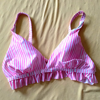 HUNKEMOLLER Bikini-Top Triangel rosa/weiß gestreift Rüschen verstellbar XL