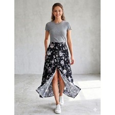 Wild Fable Black White Floral Button Front Maxi Skirt Large NWT