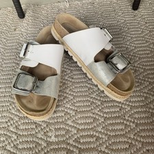 J Slides NYC Metallic/White Platform Double Strap Slide Sandals Womens Size 8M