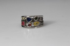 925 Sterling Silver Multi Color Stones Size 7 Pierced Ring 5.3 Grams RIN9683