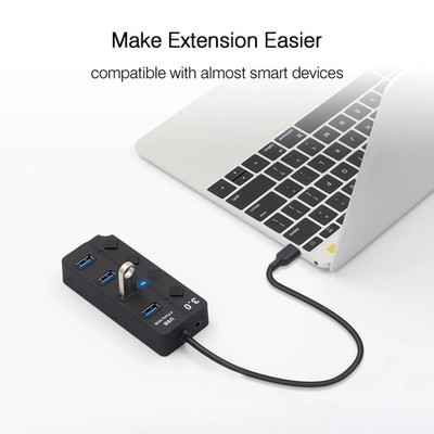 USB Multiple Ports Expansion Splitter Individual On/Off Switch LED Indicator Por
