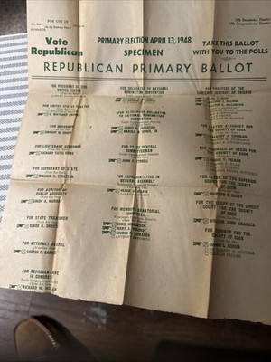 1948 Official Primary Election Ballot Republican Party Bender Presidential