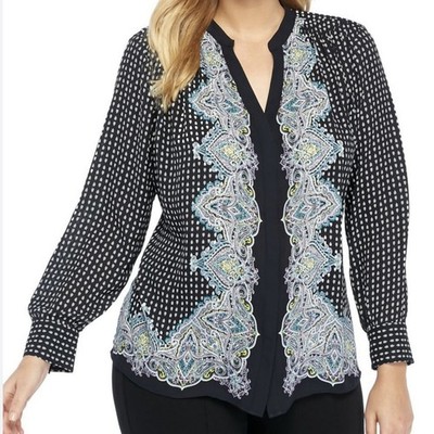 The Limited Collection XL Winter Paisley Sheer Top Blouse Navy Blue Button Down