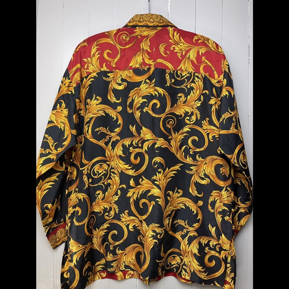 VINTAGE SATIN SILK SHIRT GOLD FLORAL BAROQUE BLACK RED SIZE SMALL - Image 4 of 4