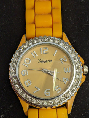 GENEVA Watch Orange  Rubber Band Silver Case Rhinestones Crystals