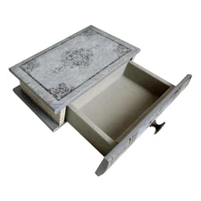 Vintage Book Storage Box with Drawer, Distressed Gray Faux Leather Cover with...