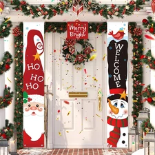 Christmas Porch Sign Set - Merry Christmas Door Decor with Santa & Snowman
