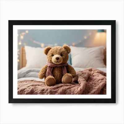 Teddybär auf Bett 3 Kunstdruck gerahmt Wandbild Poster Leinwanddruck Bild