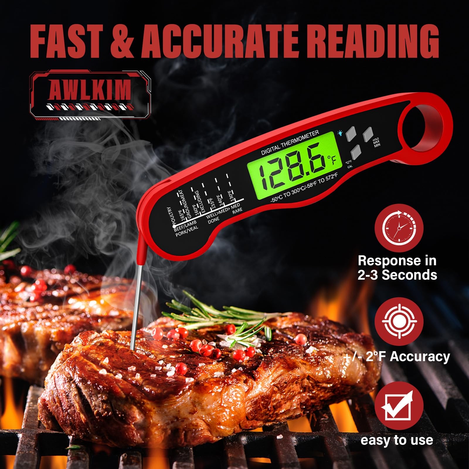 AWLKIM® Meat Thermometer Digital - Instant Read Waterproof Food Thermometer w...
