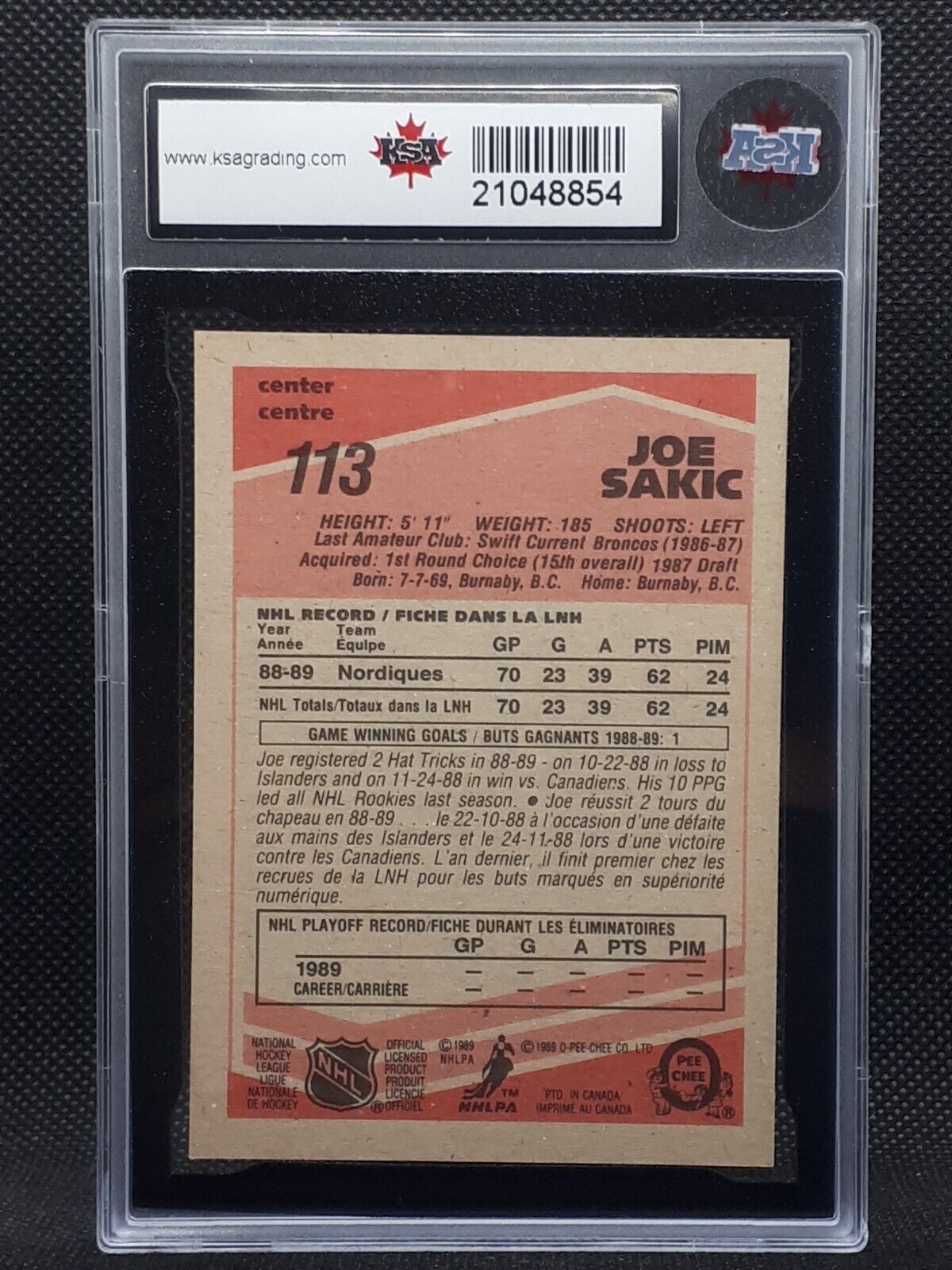 1989-90 OPC O-pee-chee NHL Hockey Card #113 Joe Sakic Rookie Card KSA 9.5 NGM
