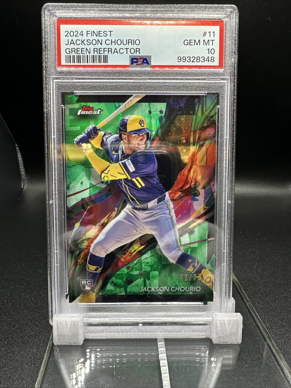 2024 Topps Finest Jackson Chourio #11 Green Refractor RC 72/75 PSA 10 Brewers