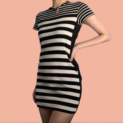 zara black and gold striped dress Zara Trafaluc Dress Black White Gold Striped Stretchy Size Medium (E)