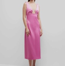 Ganni Women Pink Sleeveless Cutout-Neck Satin Midi A-Line Dress Size 38