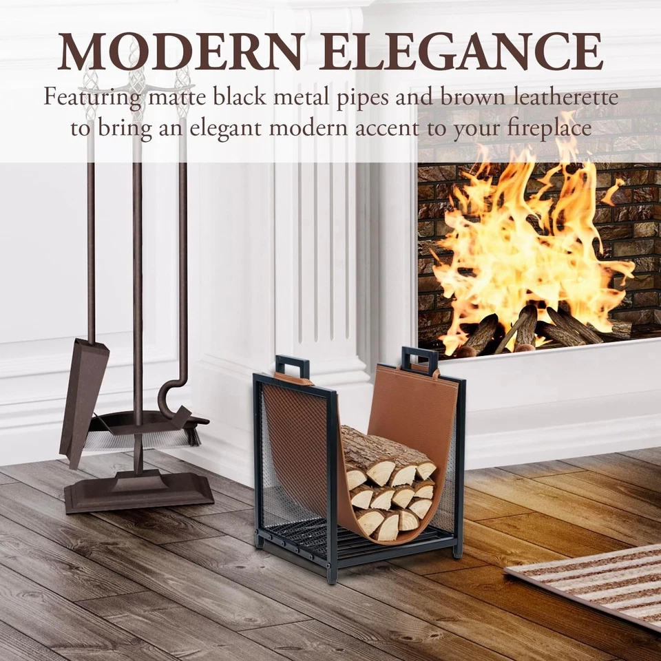 Black Metal & Brown Leatherette Firewood Stand Log Holder, Kindling Storage Rack - Image 2 of 4