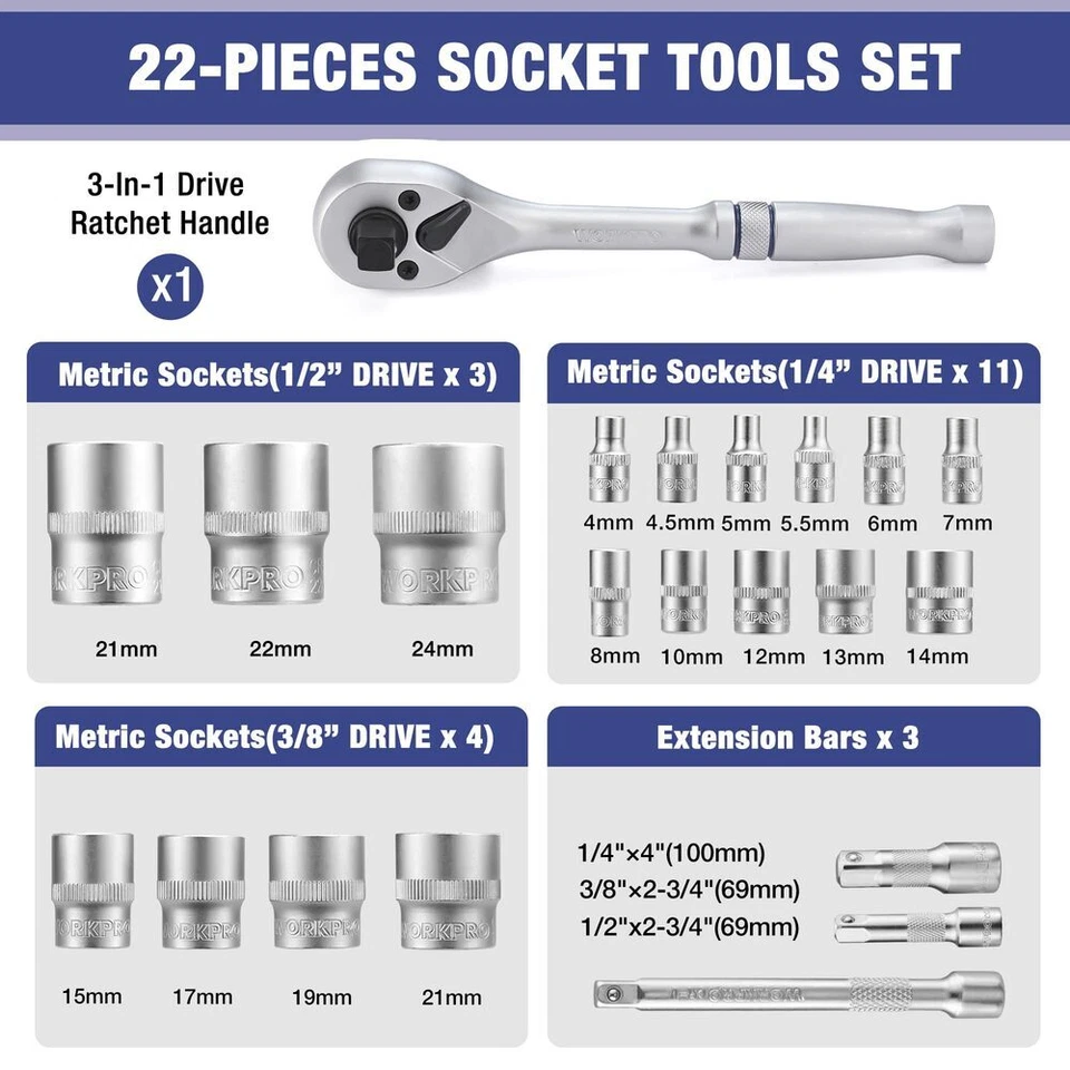 WORKPRO 22PC Socket Set 3-in-1 Ratchet Handle Socket Wrench 1/4" 3/8" 1/2" Drive - Image 3 of 4