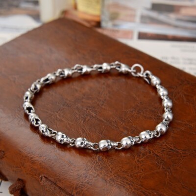 Real Solid 925 Sterling Silver 4.5mm Bracelet Full Skull