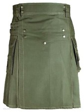 Front Buttons Olive Green Cotton Utility Kilt