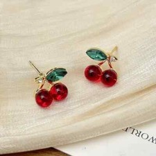 Cute Red Cherry Fruit Stud Earrings Simple Jewelry Women Girl Gift Golden Toned