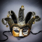 Jester Joker Venetian Musical Eye Mask with Bell Black Gold Halloween Party Mask