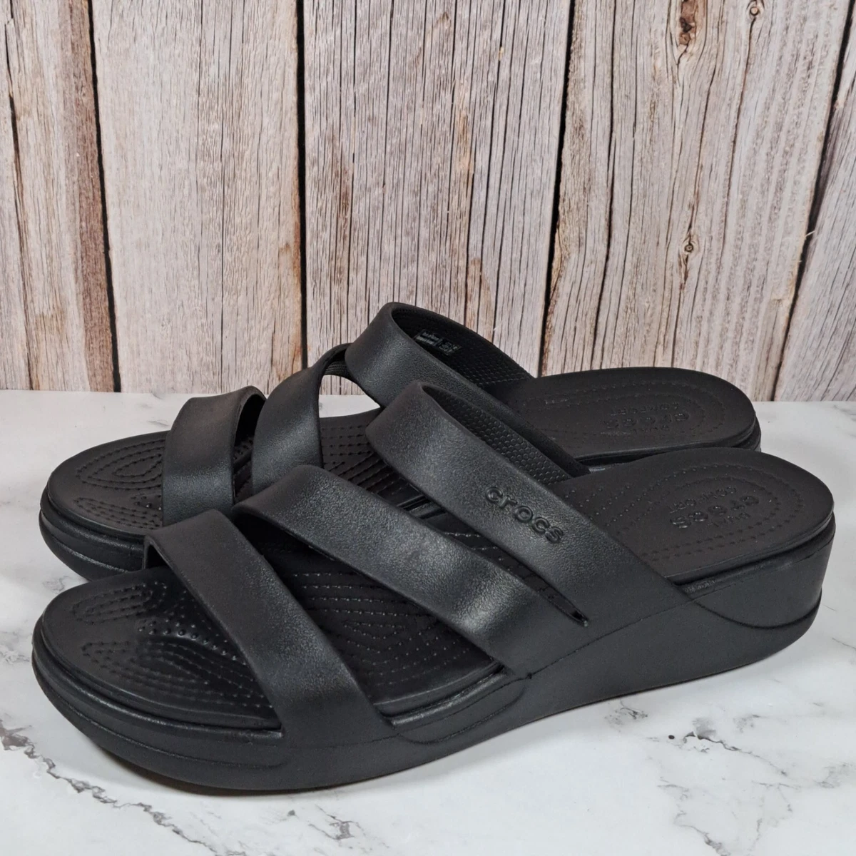 Crocs Monterey Black Strappy Platform Wedge Slipon Sandals Women s Size 11 EUC