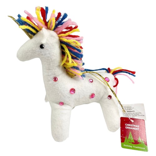 Rhinestone UNICORN ORNAMENT 6" Christmas Plush Stuffed Animal Yarn ManeTail Toy - 第 1/6 張圖片