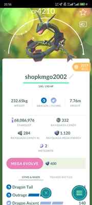 Pokemon Trade Go - Shiny Rayquaza 2019 leve 50 + 3 moves - Dragon Ascent skill