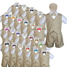 6pc Baby Boys Toddler Formal Vest Shorts Khaki Suits Extra Bow Tie Set sz S-4T