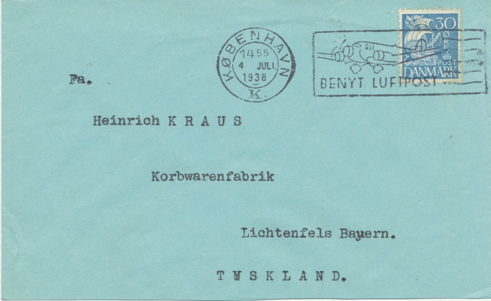 DENMARK 1938, Nice Airmail Advertising Stamp “KOBENHAVN / K. / BENYT AIRMAIL” 