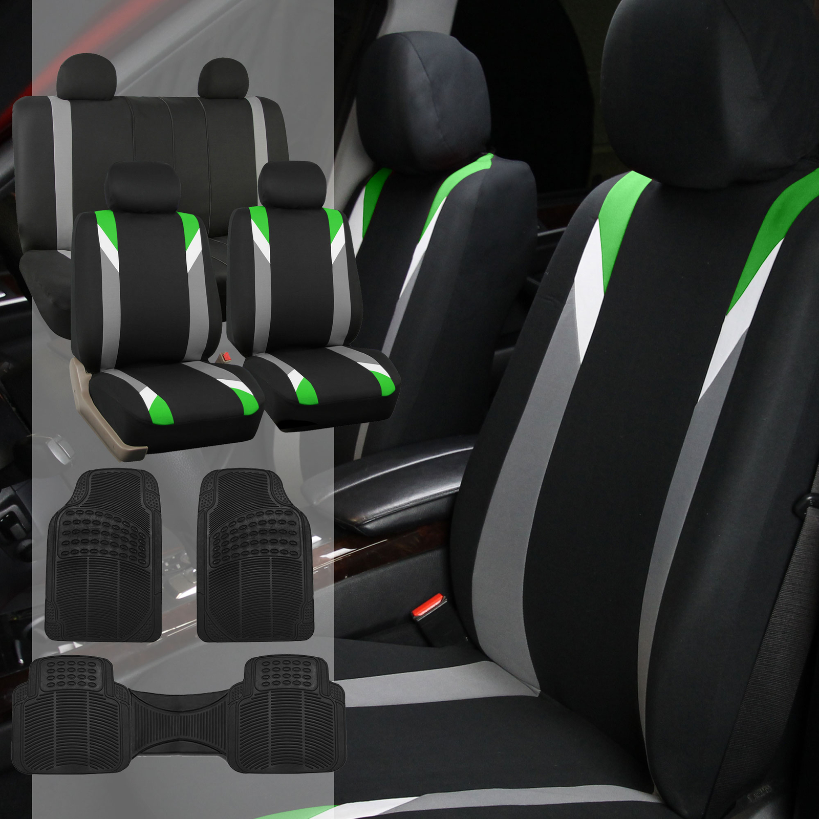 Seat Covers For Auto Car Green W/ Rubber Floor Mats
